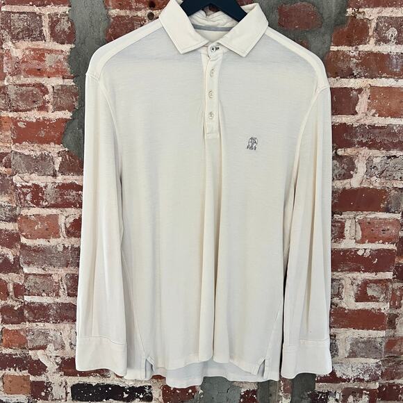 Brunello Cucinelli Men's LS Natural Cream White Polo Shirt M $775 - Picture 2 of 7